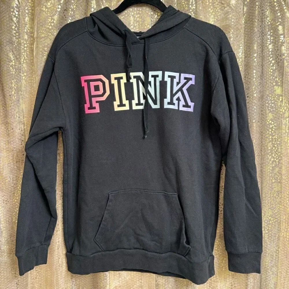 PINK Victorias Secret Black Pastel Rainbow Logo Pullover Hoodie Sweater XS/S